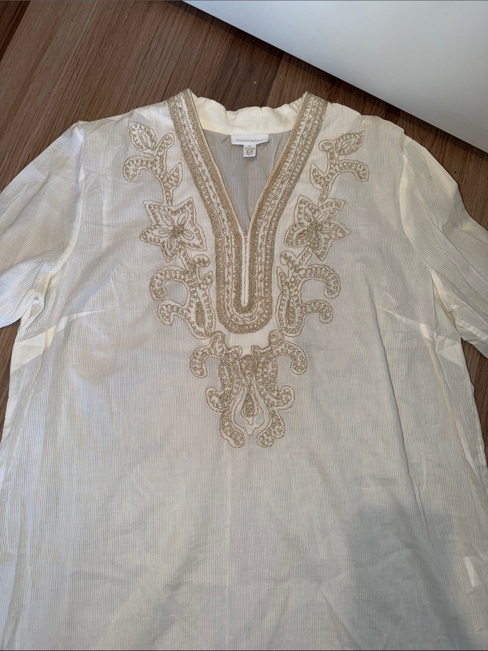 Charter Club Cream Button-Down Shirt with Beige Embroidery